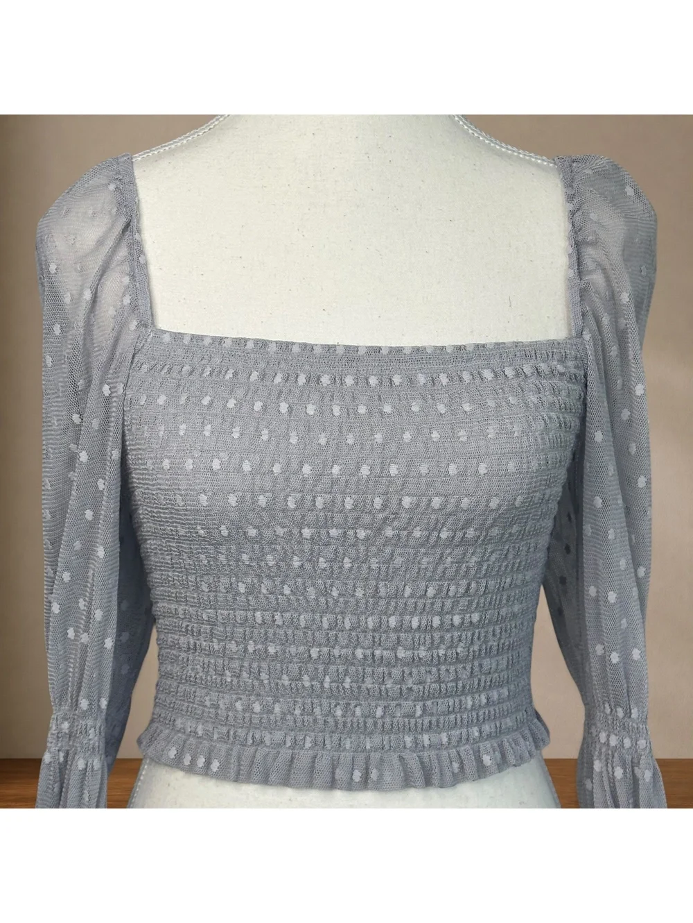 Free People Smocked Mesh Top Gray Swiss Dot Puff Sleeve Cottagecore Romantic